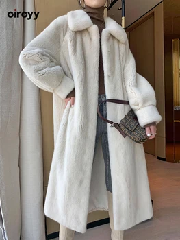 Дълго палто Circyy, дамско зимно яке 2023, дълъг ръкав, отложной яка, джобове, однобортные топли свободни якета от изкуствена кожа