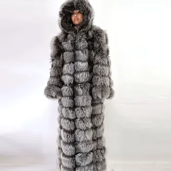 Дълго палто от естествена кожа чернобурки, зимата на топло, модерно дамско дълго палто от кожа на лисица, подвижни фасоны може да се персонализира по желание