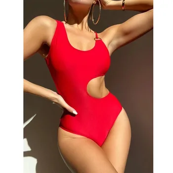 Едно парче обикновен бански женски секси открит бански с пръстен, куплиран на кръст отзад, плътен червен плажен бански, бански костюми