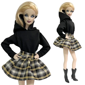 Ежедневни черни дрехи принцеса NK 1/6 с качулка и дълъг ръкав, клетчатая къса пола, модерни есенни дрехи за Барби, аксесоари, подарък за кукли
