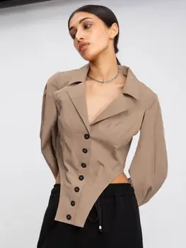 Елегантна градинска блуза с цепка, дамски блуза с дълги буйни ръкав, летни офис дамски ризи, пролетни дизайнерски свободни памучни къси потници