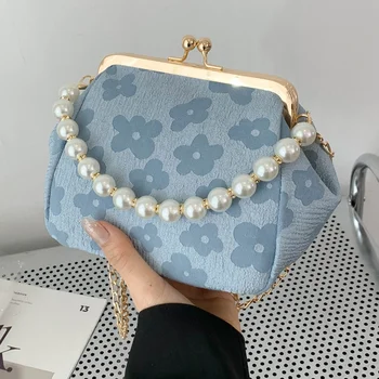 Елегантна дамска вечерна чанта през рамо в цветарски дизайн с перли, преносима чанта-месинджър с едно рамо, женствена чанта на метална верига