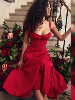 Елегантна Рокля Midi трапецовидна форма, секси рокля на спагети презрамки, дантела и червени рокли за празнични партита, летни рокли с цепка, женски 2023