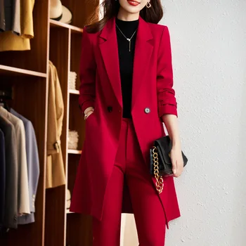 Есенна официалната женска работна дрехи бизнес, брючные костюми, червен син черен дълъг блейзър, женски офис женски сако и панталони, 2 броя