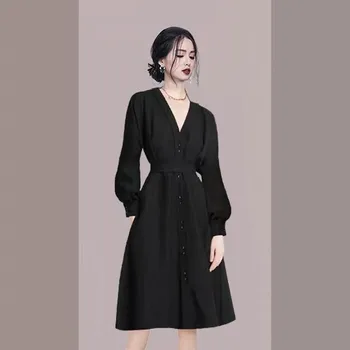 Есенни женски ново темпераментное френското черна рокля с ръкави-фенерчета, тънки однобортные рокли Vestidos