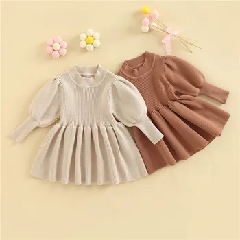 Есенно-зимни дрехи за малките момичета 0-36 месеца, однотонное вязаное рокля-пуловер с дълъг ръкав и кръгло деколте за малки момичета