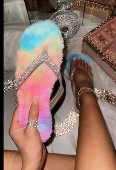 Есенно-зимни нови плажни чехли с кристали на равна подметка, дамски чехли, плюшени цветни сандали, 2021 година