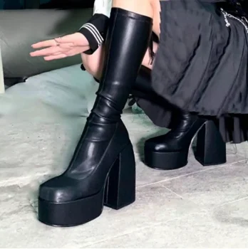 Есенно-зимни обувки в стил пънк, еластична, обувки от микрофибър, женски ботильоны на високи токчета, черни кожени обувки на платформа за жени