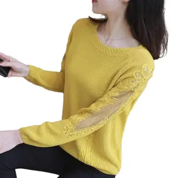 Есента женски пуловер с дантела на цветя аппликацией, Без вязаный тънък пуловер с кръгло деколте и дълъг ръкав, пуловер отдолу Дама пуловер женски
