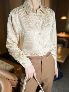 Жаккардовая риза от 100% плътна коприна с отпечатан, благородна 2023, пролетно-есенна коприна риза, женска риза с дълъг ръкав