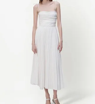 Жена бели спагети-колан, гънките на гърдите, без ръкави, без презрамки, Модерно плиссированное рокля midi