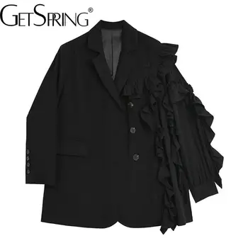 Жена блейзър Getspring с однобортными асиметрични ръкави, женски черен костюм, палто, необичайна форма, женски дълго яке