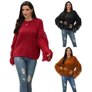 Жена Есенно-зимния пуловер с дълги ръкави и пискюли, вязаный пуловер в рубчик, върхове, обикновен всекидневен свободен скок, градинска облекло N7YE