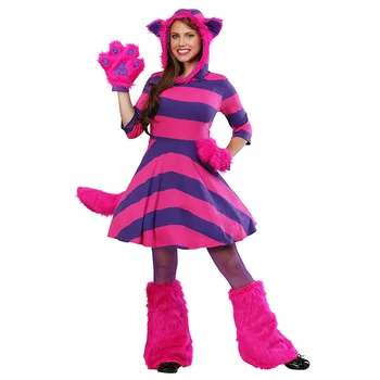 Жена шарени рокля с котка, женски костюм Cheshire котка за cosplay на Хелоуин