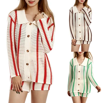 Женски райета трикотажни блузи жилетка с бутон украса шорти свободни улицата дрехи комплект дамско облекло
