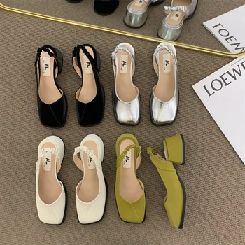 Женски френски обувки на висок дебел ток с квадратни пръсти, пролетно-есенни фини обувки на висок ток, нови обувки Mary Jane, сандали Baotou half drag