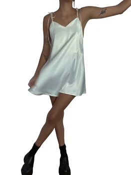 Женствена рокля-прашка с тънки спагети презрамки с шнур и перлената на веригата без облегалка, свободно лятото мини-рокля