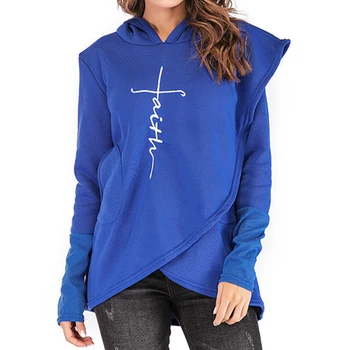 Жилетка с неравна подолом, модерен женски принт Faith, с джобове, дамски hoody, всекидневни свободен пуловер с дълги ръкави, елегантна hoody