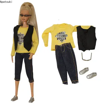 Жълт модни стоп-моушън дрехи за Барби комплекта дрехи за Барби, риза, Жилетка, скъсяване на панталони, Обувки, Очила, 1/6 Аксесоари за кукли