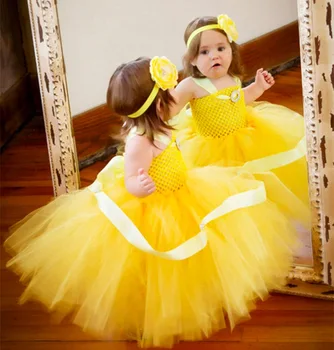 Жълта рокля-пакет за момичета, вязаное на една кука, Детско пищни рокля на тюлевом ремешке, бална рокля с цветен превръзка на главата, бебешки Дрехи за cosplay, Рокля на принцеса