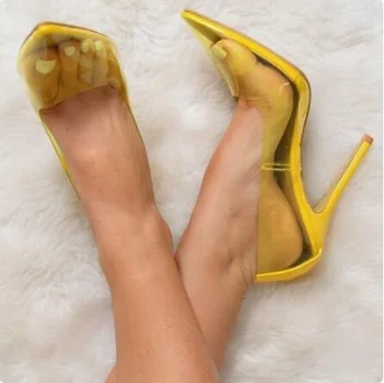 Жълти прозрачни обувки-лодка от PVC с остри пръсти на висок ток, обувки сватба без шнур, дамски обувки на висок ток за поръчка на булката