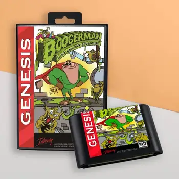 за Boogerman - A Pick and Flick Приключенски, корица за САЩ, 16-битова игра патрон в ретро стил за конзоли за игри Sega Genesis Megadrive