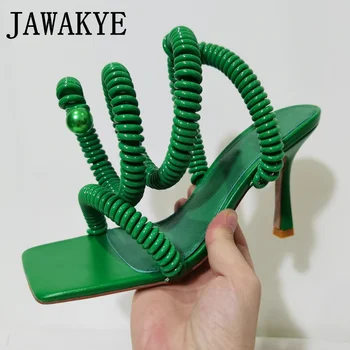 Зелен телефонен кабел, дамски сандали за подиум, дизайнерски сандали с квадратни пръсти и каишка на щиколотке като змия, 2022, модни разтеглив сандали с тънък висок ток