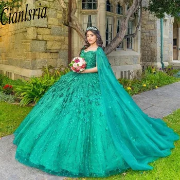 Зелени Лъскави буйни рокли с пискюли-накидками Sweet 16 Рокли Бална рокля от тюл с 3D цветя, рокли за рожден ден, vestidos de 15