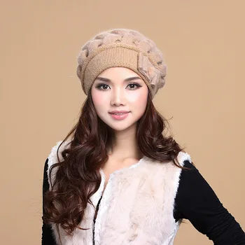 Зимна шапка, дамски есен-зима топли шапки от кожа заек, двупластова вязаная капачка, възли вълнени шапки
