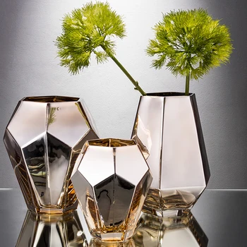 Златна стъклена ваза с покритие покритие, Сухи Цветя, Гърне за хидропоника, Геометрия Плотове, Украса за дома, Централните елементи за Сватби