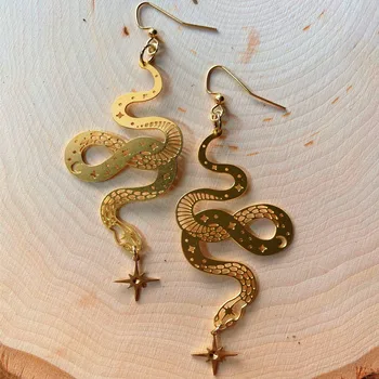 Златни обеци във формата на змия, Модни Креативна декорация, Подарък за Нея, Позлатени, Змии, Звезди, Месингови висулки, Обеци в стил бохо