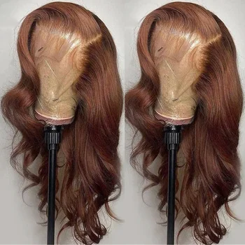 Кафяви дълги вълнообразни дантелени предната перуки, изработени от човешка коса бургундско Червено 13x4 HD Прозрачни дантелени предната перуки, изработени от бразилски човешка коса