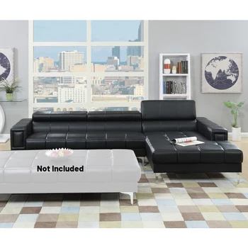 Кожена Секционни диван с Регулируема облегалката за глава на черен цвят