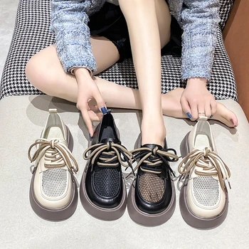 Кожени Дишащи обувки, Новост 2023 г., дамски обувки на платформа с шнур и кръг пръсти, окото модни универсална Малка Кожена дамски обувки