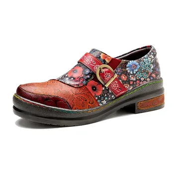 Кожени обувки, ръчно изработени с червена рисувани в стил ретро, дамски обувки от естествена овча кожа, обувки Lefu