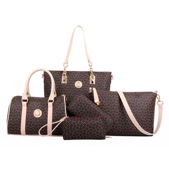Комплект женски чанти от 5 бр., модни дамски чанта от изкуствена кожа с мрежесто принтом, чанта-месинджър, - портфейл, чанта на известната марка 2021