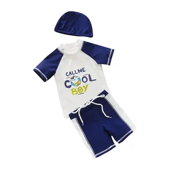 Комплект на бански костюм за момче, блузи с къс ръкав и писмото принтом + шорти + шапка, комплект от две части за гмуркане, плажен отдих