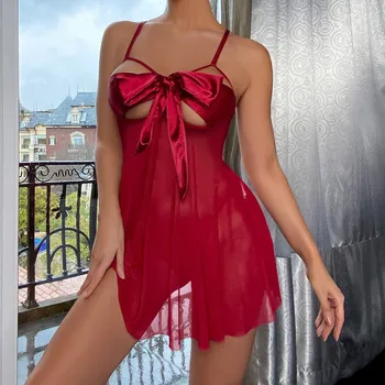 Комплект от две части, женски Екзотични костюми, секси бельо с джапанки и лък, нощни ризи с отворени гърди, отворено бельо, съблазнителна а нощницата бебе