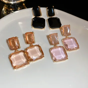 Корейската мода Розови Черни прозрачни кристални квадратни обеци-капки за жени Прости геометрични шампанско украса Brincos