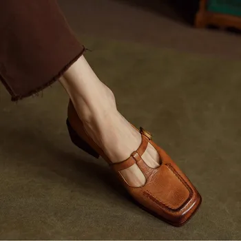 Корейската проста обувки, дамски реколта обувки, удобни обувки-лодка Mary Jane в средно обувки с катарама, елегантни обувки-лодка от телешка кожа във френски стил