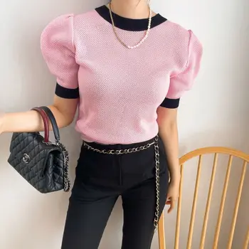 Корейски шарени пуловери с ярки цветове, пуловер, Дамски блузи 2023 с къс буйни ръкав и кръгло деколте, Модерен розов пуловер, женски жилетка
