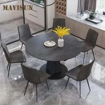 Кръгла маса за хранене с въртяща се каменна плочка, в европейски стил, модерен минималистичен Многофункционална сгъваема маса за малък апартамент