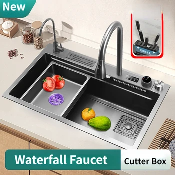 Кухненска мивка Nano Мивка с водопад Плот от неръждаема стомана 304 Многофункционален цифров дисплей Голям единния с притежателя на ножа