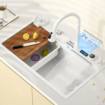 Кухненска мивка с водопад от неръждаема стомана Nano 304, бял цифров дисплей, Голяма кухненска мивка с един слот и обтекателем с водопад