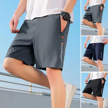 Къси панталони за бягане със средна засаждане, еластичен колан, джобове с цип, широки мъжки панталони, летни къси панталони от коприна лед