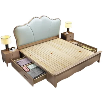 Легло от масивно дърво, италианска лека луксозна кожа Напа, американски интернет-знаменитост, просто сватбена легло в основната спалня