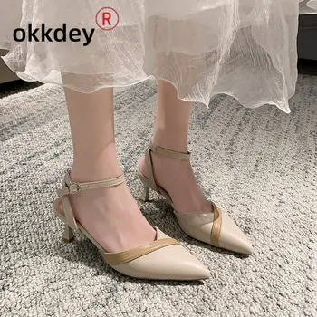 Летни дамски сандали на висок ток 2023 година с остри ръбове в тон, Модни дамски официални сандали на висок ток с катарама