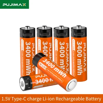 Литиева батерия PUJIMAX AA 3400mWh с жак Type-C 1,5 В, литиево-йонни батерии с Голям капацитет Служат по-дълго, Трайно и безопасно