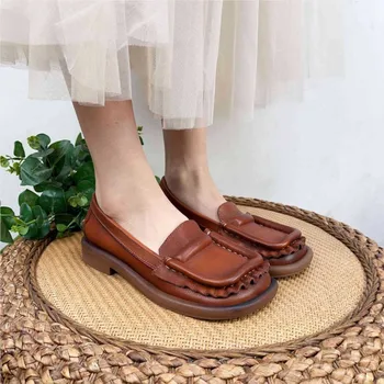 Лоферы в ретро стил Johnature /новост пролетта 2023 година, ежедневни дамски обувки от естествена кожа с меки подметки и квадратни пръсти на ниски токчета, без закопчалка