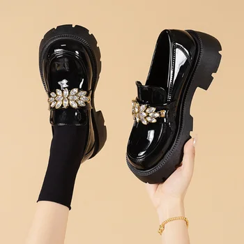 Лоферы с кристали; Дамски Обувки; Дамски Модни Mary Janes; Лоферы на равна подметка с кръгла пръсти; Oxfords Платформа; Ежедневни дамски Обувки на Ток Цвят Черен